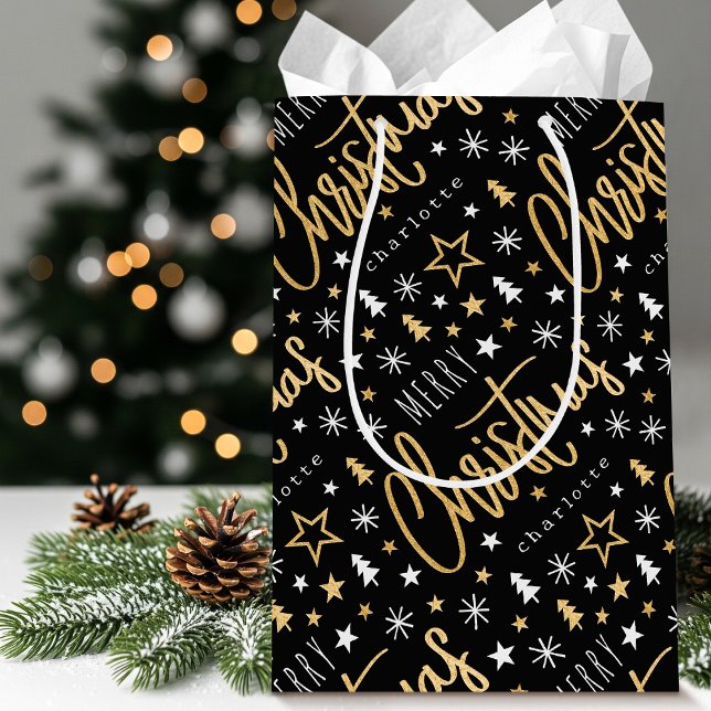 Personalized Name Christmas Script Black Faux Gold Medium Gift Bag (Creator Uploaded)