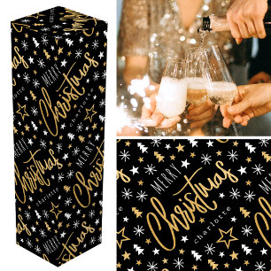 Personalized Name Christmas Script Black Faux Gold Wine Box