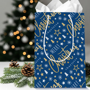 Personalized Name Christmas Script Blue Faux Gold Medium Gift Bag