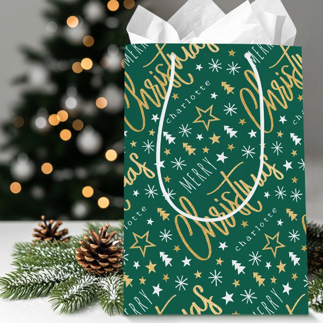 Personalized Name Christmas Script Green Faux Gold Medium Gift Bag (Creator Uploaded)