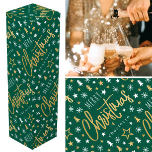 Personalized Name Christmas Script Green Faux Gold Wine Box