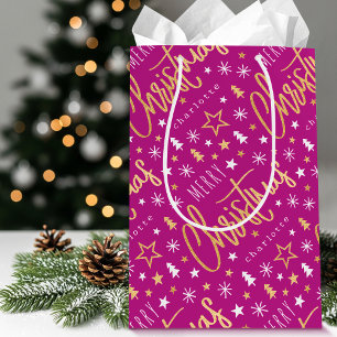 Personalized Name Christmas Script Pink Faux Gold Medium Gift Bag
