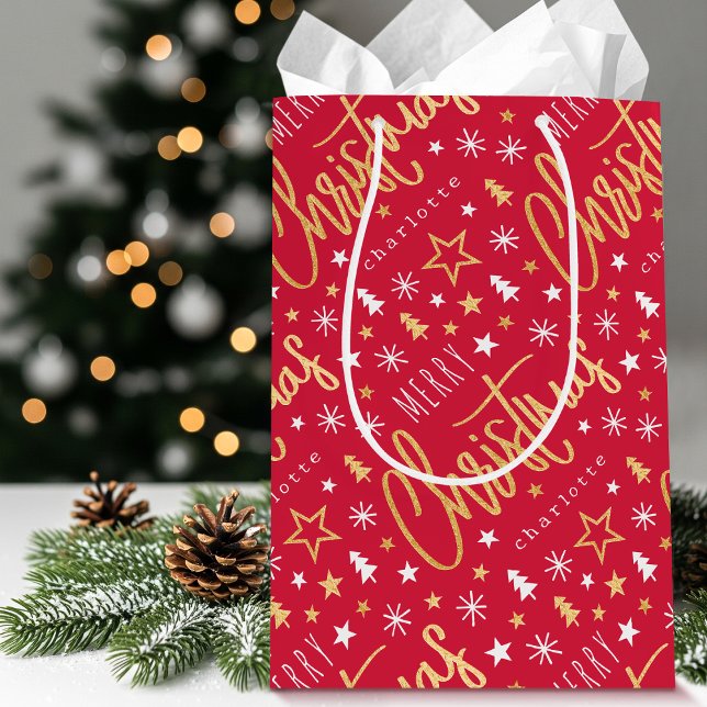 Personalized Name Christmas Script Red Faux Gold Medium Gift Bag (Creator Uploaded)