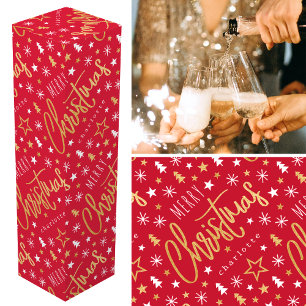 Personalized Name Christmas Script Red Faux Gold Wine Box