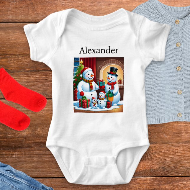 Personalized Name Christmas Snowman Family Picture Baby Bodysuit (Creator Uploaded)