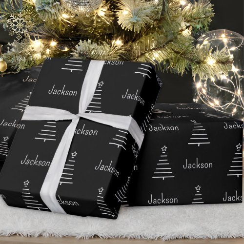 Personalized Name Christmas Tree Black  White Wrapping Paper