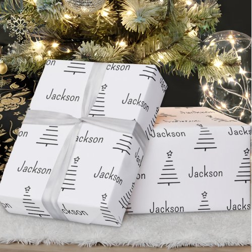 Personalized Name Christmas Tree Black  White Wrapping Paper