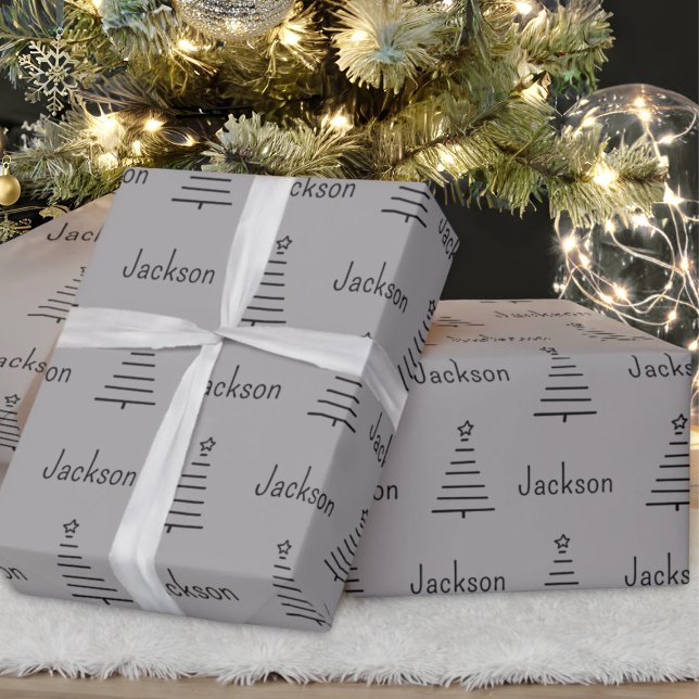 Personalized Name Christmas Tree Grey Gift Wrapping Paper (Creator Uploaded)