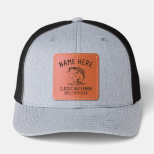 Personalized Name Classic Bass Fish Hooksetter Leather Patch Hat