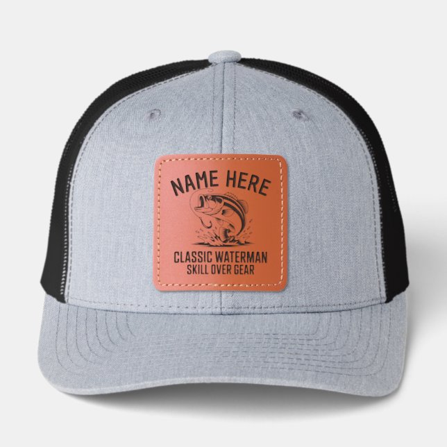 Personalized Name Classic Bass Fish Hooksetter Leather Patch Hat (Front)