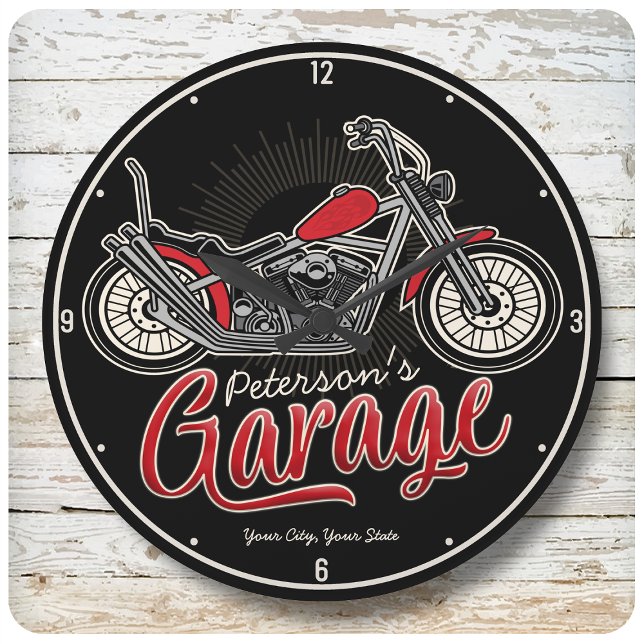 Personalized NAME Classic Biker Motorcycle Garage Large Clock (Creator Uploaded)