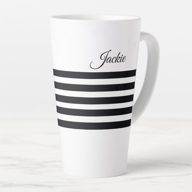 Personalized Name Classic Black & White Stripes Latte Mug (Right Angle)