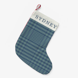 Personalized Name Classic Blue Retro Glen Plaid Small Christmas Stocking