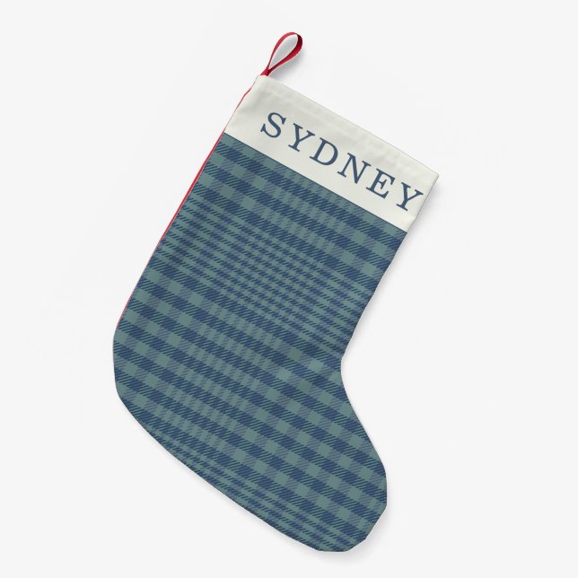 Personalized Name Classic Blue Retro Glen Plaid  Small Christmas Stocking (Front (Hanging))