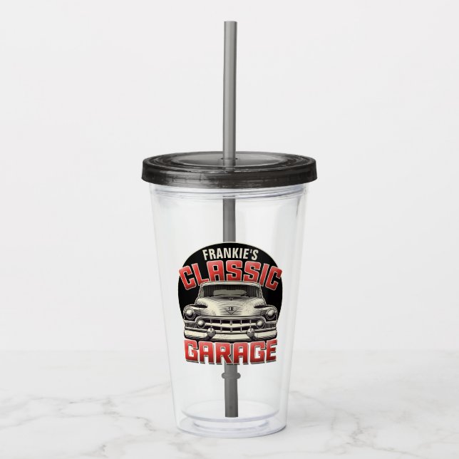 Personalized NAME Classic Car Garage Custom Shop Acrylic Tumbler (Front)