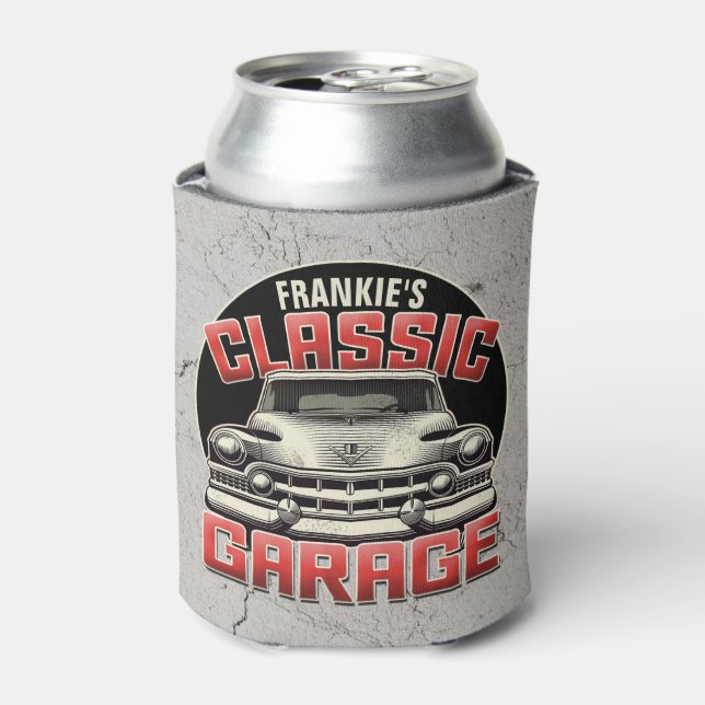 Personalized NAME Classic Car Garage Custom Shop Can Cooler (Can Front)