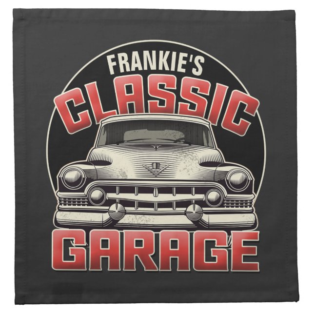 Personalized NAME Classic Car Garage Custom Shop Cloth Napkin (Front)