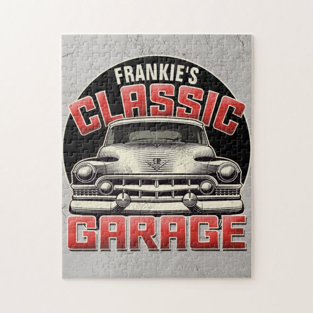 Personalized NAME Classic Car Garage Custom Shop Jigsaw Puzzle (Vertical)