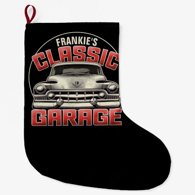 Personalized NAME Classic Car Garage Custom Shop Large Christmas Stocking (Front)