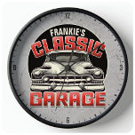 Personalized NAME Classic Car Garage Custom Shop Large Clock<br><div class="desc">Personalize this truly unique,  one-of-a-kind Retro Vintage American Classic Car Caddy Leadslead Custom Gift. Perfect addition to your retro man cave garage decor! Customize with your Name or Custom Text! The coolest vintage retro look around...  Rockabilly Hot Rod Hotrod Kustom Cruiser Lowrider</div>