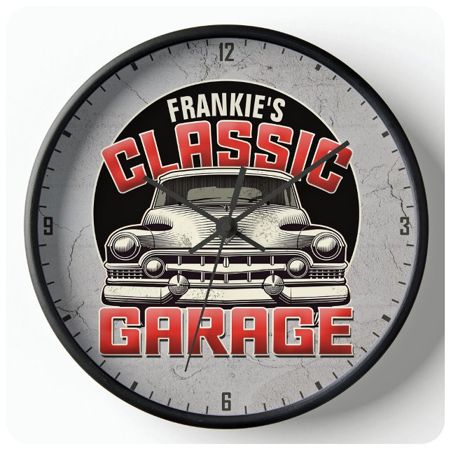 Personalized NAME Classic Car Garage Custom Shop Large Clock (Creator Uploaded)