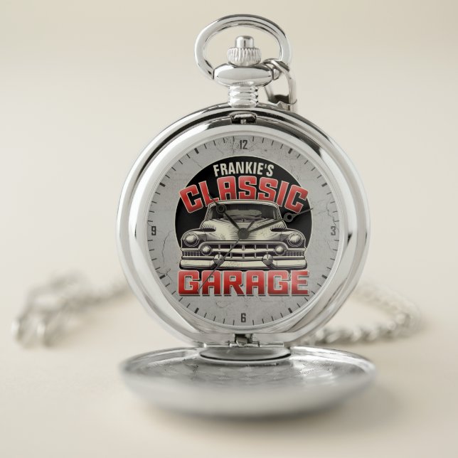 Personalized NAME Classic Car Garage Custom Shop Pocket Watch (Inside)