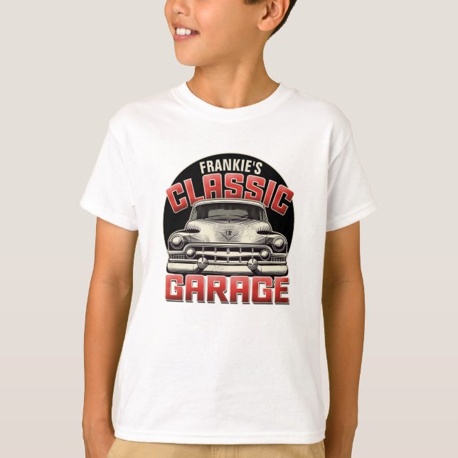 Personalized NAME Classic Car Garage Custom Shop T-Shirt (Front)