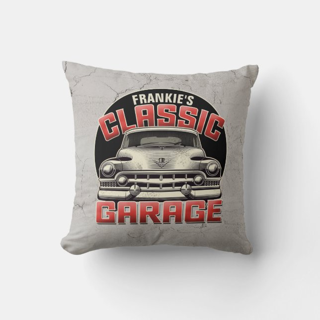 Personalized NAME Classic Car Garage Custom Shop Throw Pillow (Front)