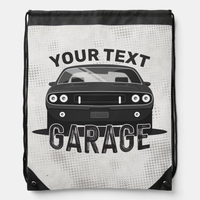 Personalized NAME Classic Muscle Car Garage Retro Drawstring Bag (Front)