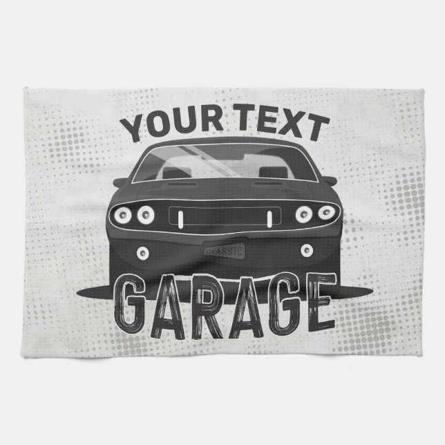 Personalized NAME Classic Muscle Car Garage Retro Kitchen Towel (Horizontal)