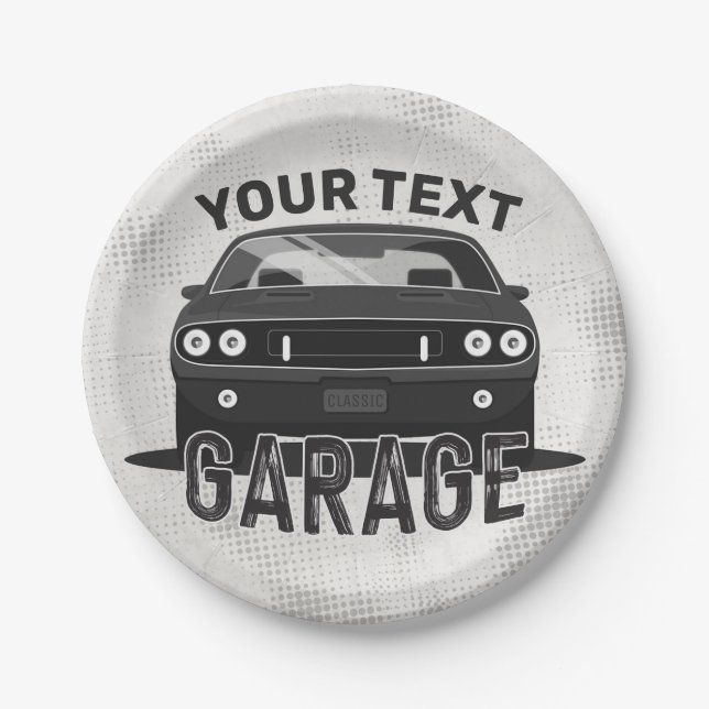 Personalized NAME Classic Muscle Car Garage Retro Paper Plates (Front)