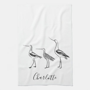 Personalized Name Coastal Shorebirds White Bird Kitchen Towel