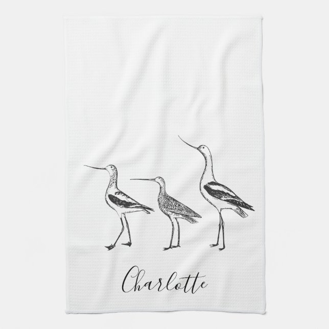 Personalized Name Coastal Shorebirds White Bird Kitchen Towel (Vertical)