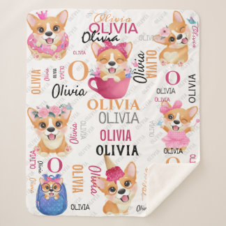 Personalized Name Collage Corgi Dog Pattern Sherpa Blanket