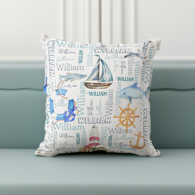 Personalized name collage nautical boy gifts throw pillow (Personalized name collage nautical boy gifts throw pillow gifts for boys nursery gifts nursery decor)