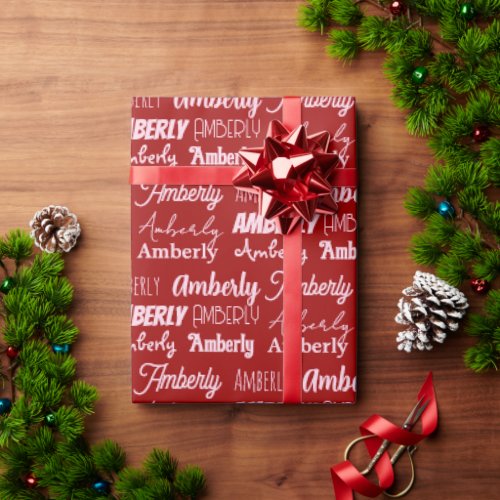 Personalized Name Collage Red Typography Christmas Wrapping Paper