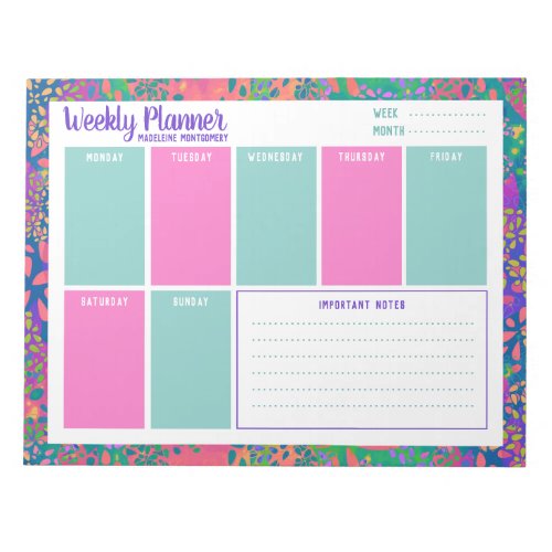 Personalized Name Colorful Abstract Weekly Planner Notepad