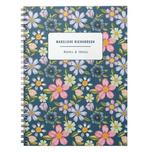 Personalized Name Colorful Floral Pattern Blue Notebook