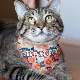 Personalized Name Colorful Floral Pattern Cat Pet Bandana Collar