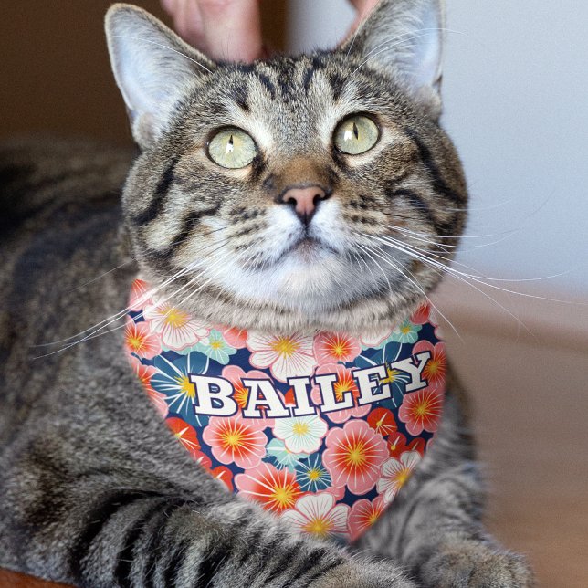 Personalized Name Colorful Floral Pattern Cat Pet Bandana Collar (Creator Uploaded)