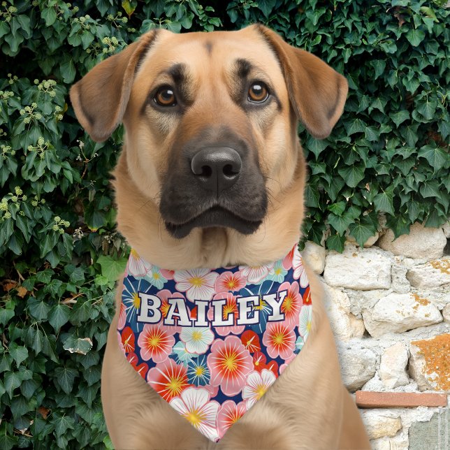 Personalized Name Colorful Floral Pattern Dog Pet Bandana Collar (Creator Uploaded)