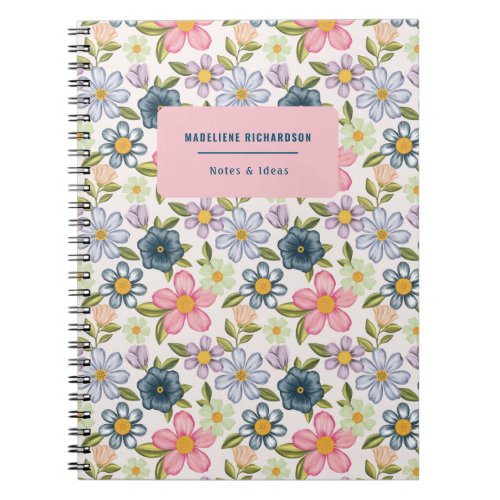 Personalized Name Colorful Floral Pattern Pink Notebook