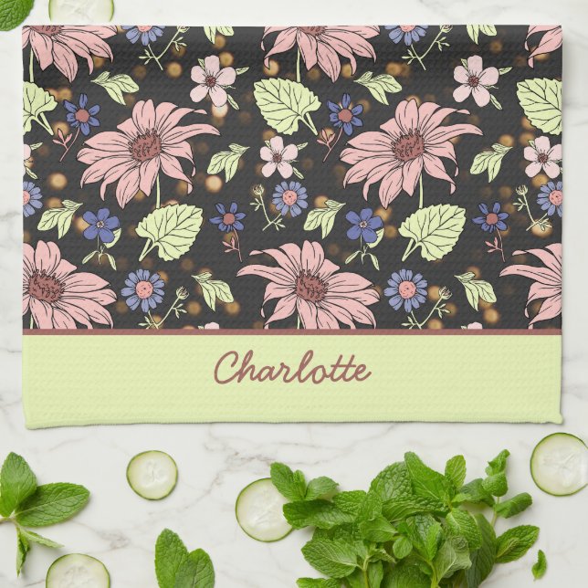 Personalized name colorful floral seamless pattern kitchen towel (Folded)