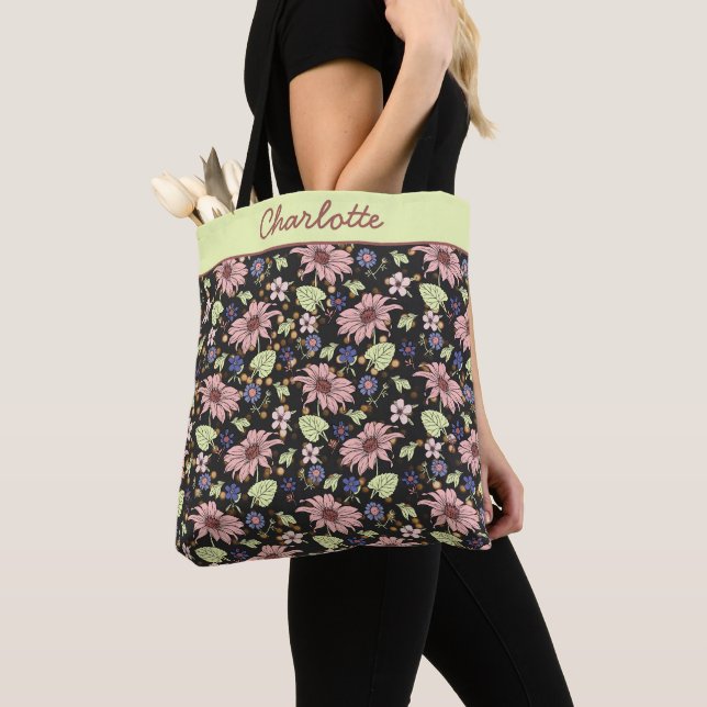 Personalized name colorful floral seamless pattern tote bag (Close Up)