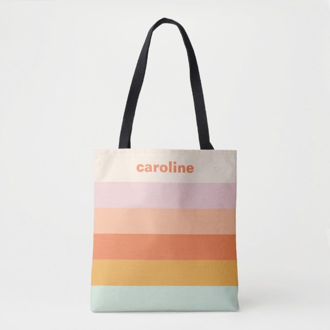 Personalized Name Colorful Stripes Retro Pastel Tote Bag (Front)