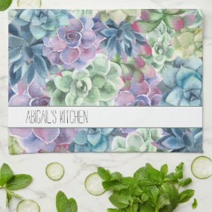 Personalized Name Colorful Watercolor Succulents Kitchen Towel