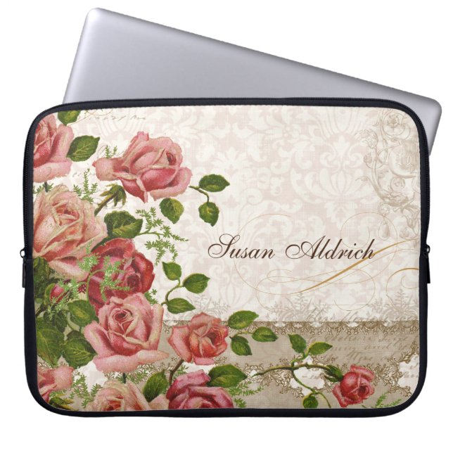 Personalized Name Computer, Trellis Rose Vintage Laptop Sleeve (Front)