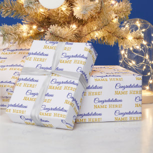 Personalized Name Congratulations Blue Gold, White Wrapping Paper