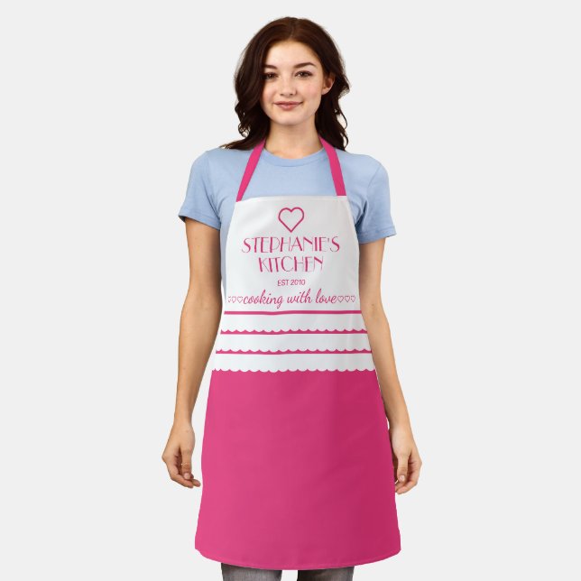 Personalized Name Cooking With Love Pink Apron (Worn)