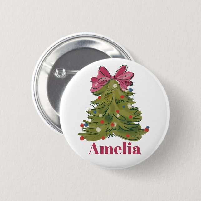 Personalized Name Coquette Christmas Tree Girly Button (Front & Back)